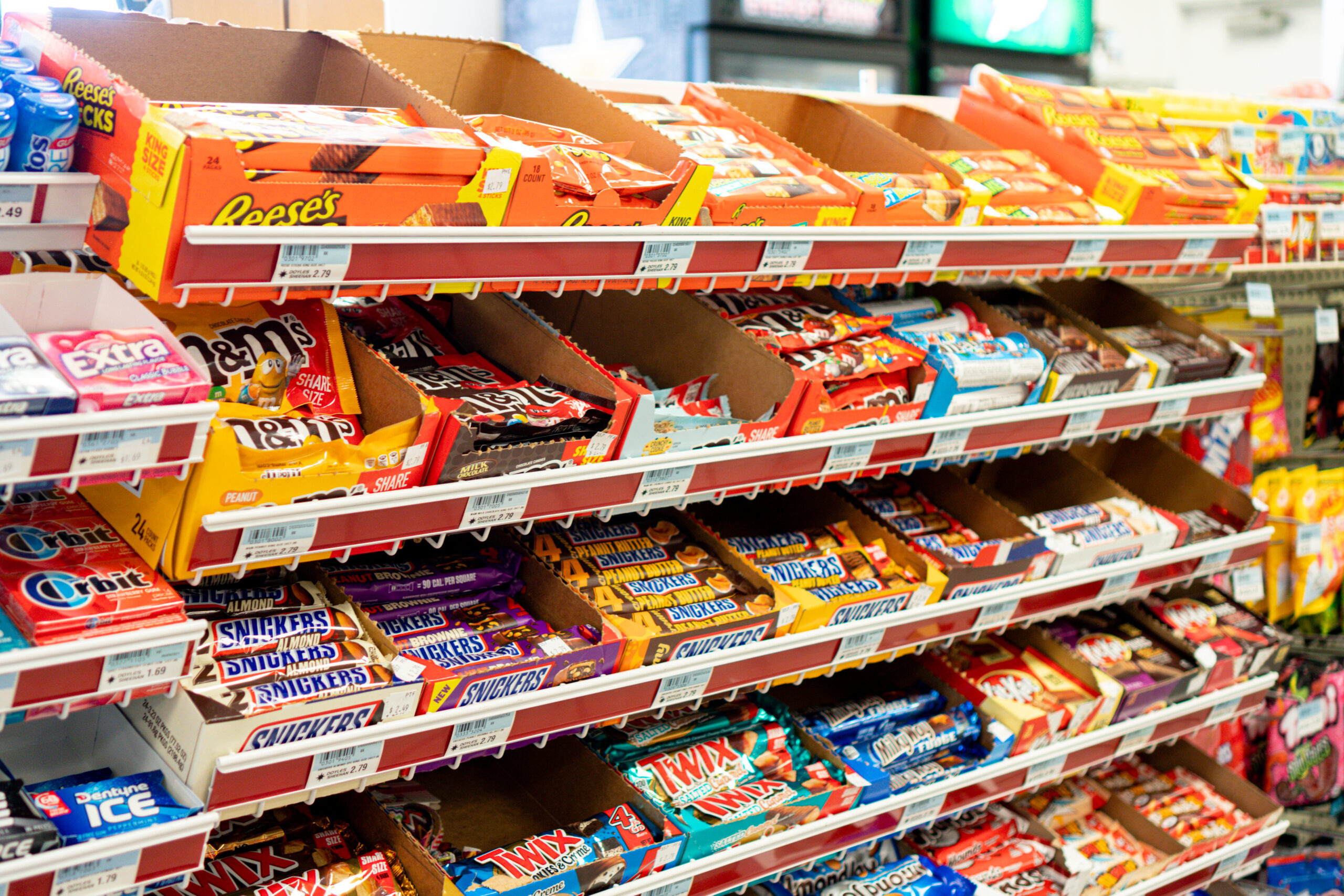 Reese's, M&M's, Snickers, Kit Kat's, and other candies for sale at Four Star Supply owned convenience stores