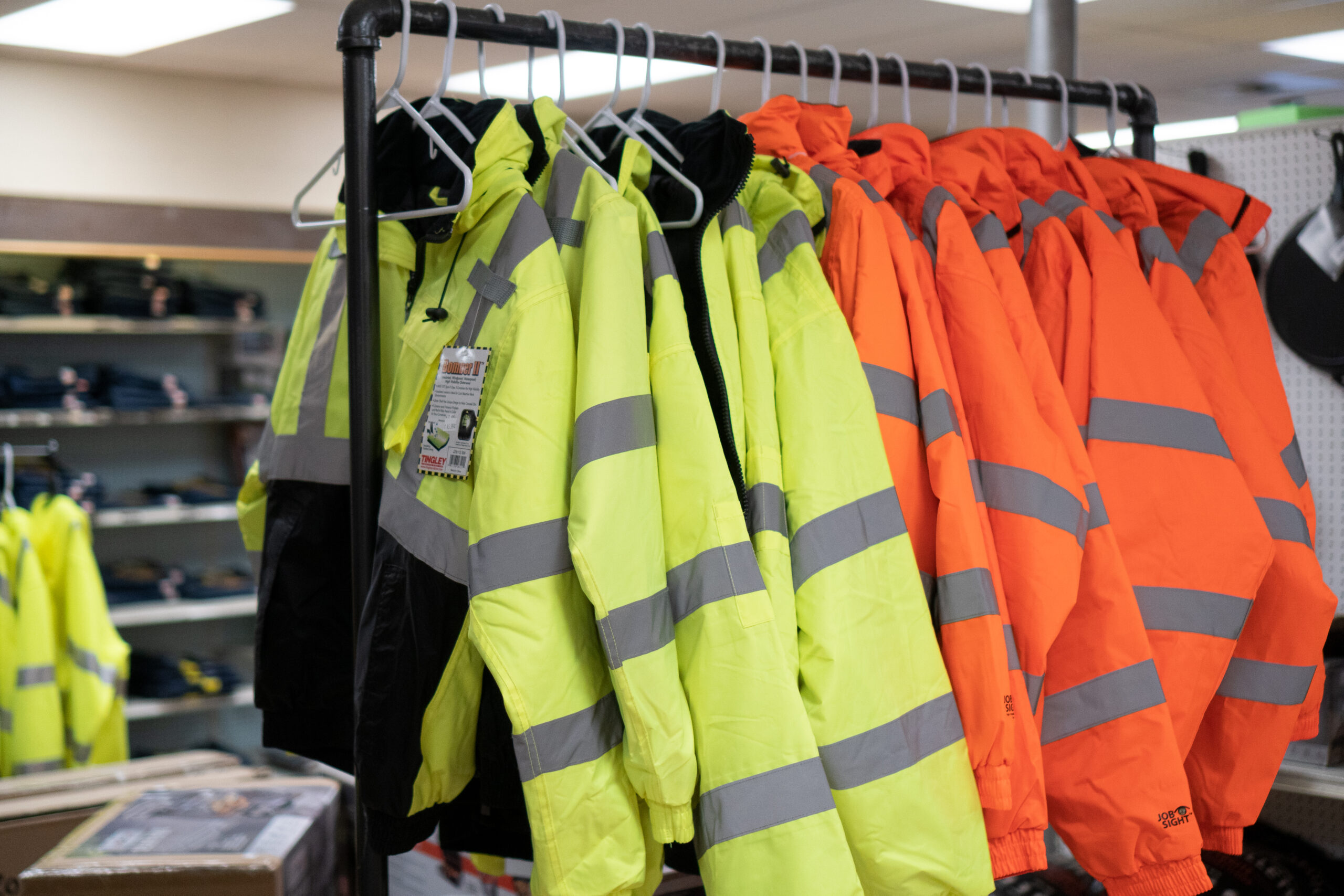 Fluorescent jackets for sale at a Four Star Supply