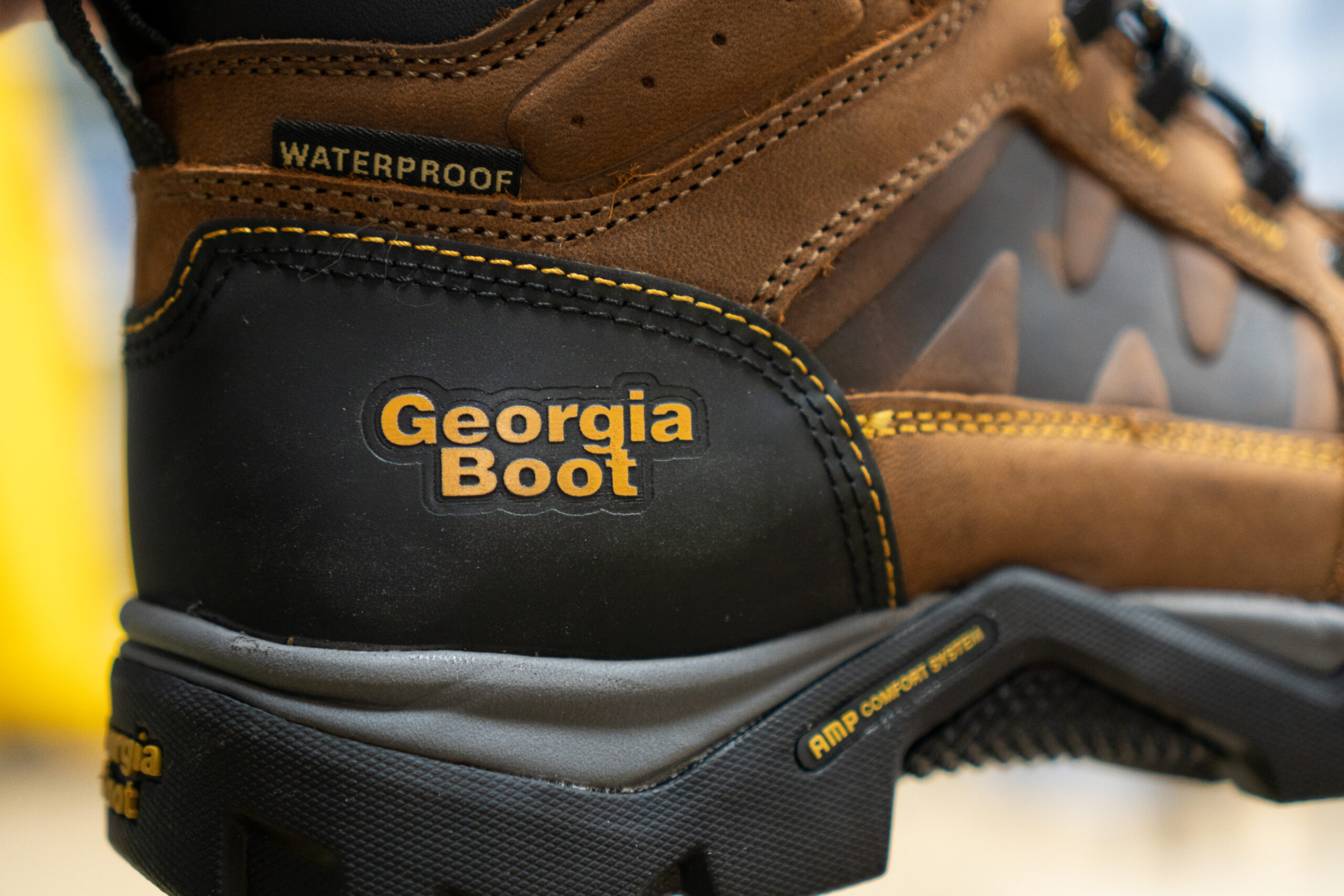 A close up of the Georgia Boot logo on the heel of a boot