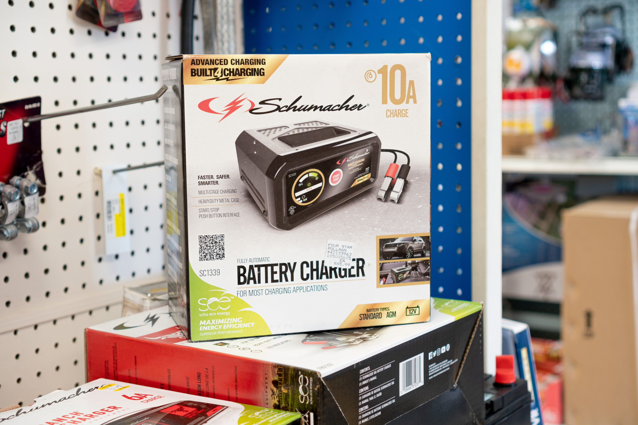 A close up of the Schumacher brand Car Battery Charger sold at Four Star Supply