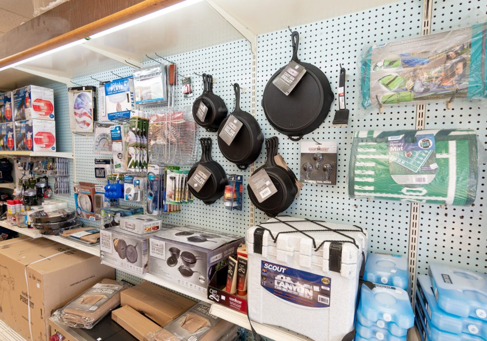 Various Camping supplies, including coolers, grill accessories, & picnic blankets