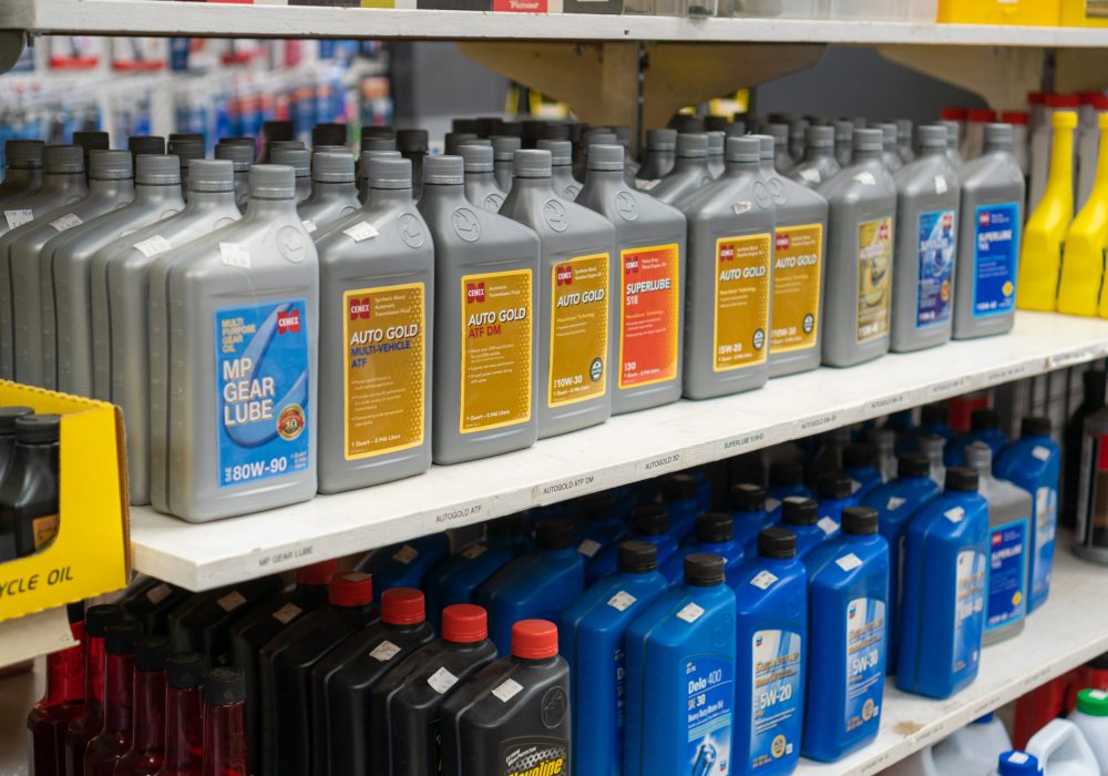 A close up of Cenex & Chevron brand products like Auto Gold & 5W-20 sold by Four Star Supply