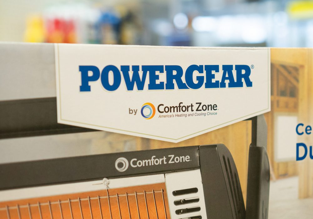 The PowerGear Logo on the packaging for a heater.