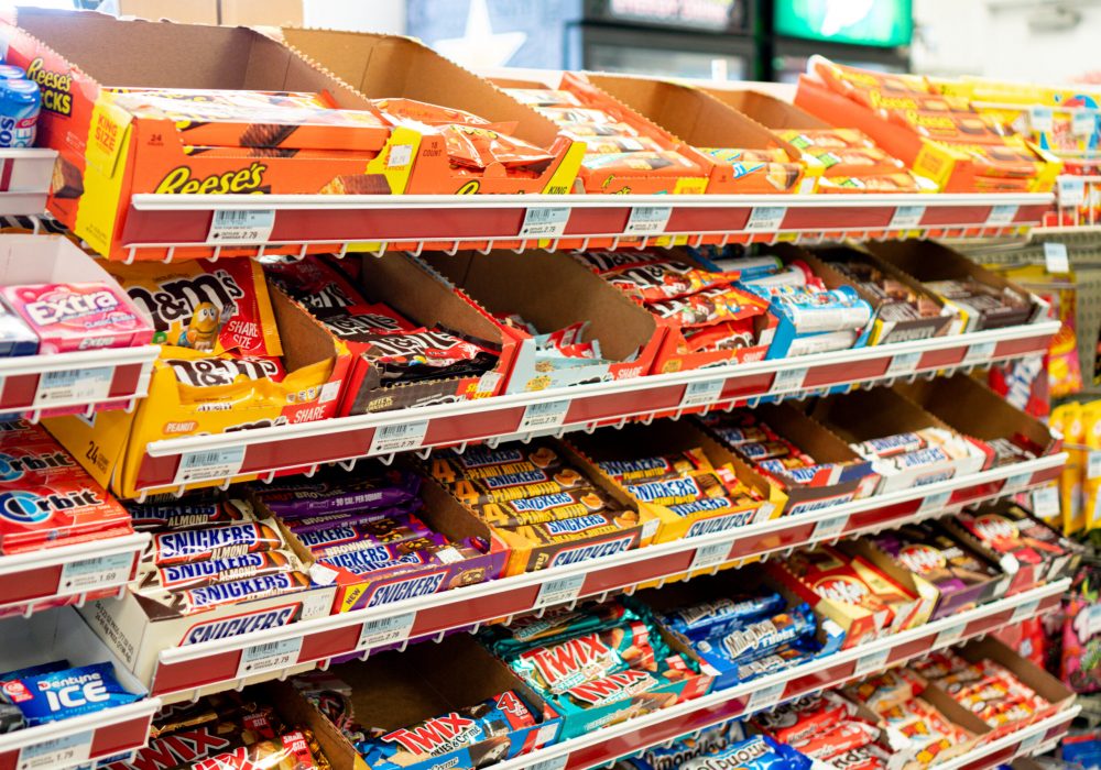 Reese's, M&M's, Snickers, Kit Kat's, and other candies for sale at Four Star Supply owned convenience stores