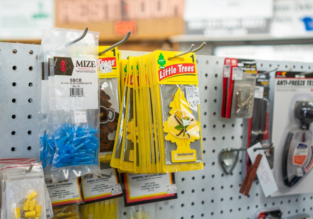 A closeup of the Little Trees air fresheners sold at Four Star Supply