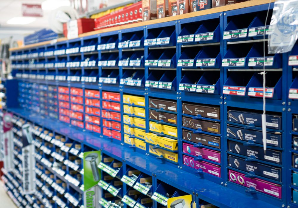Shelves full of hardware fittings at Four Star Supply