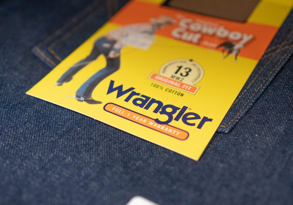 A close up of the tag on a pair of Wrangler Jeans