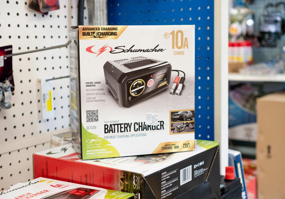 A close up of the Schumacher brand Car Battery Charger sold at Four Star Supply
